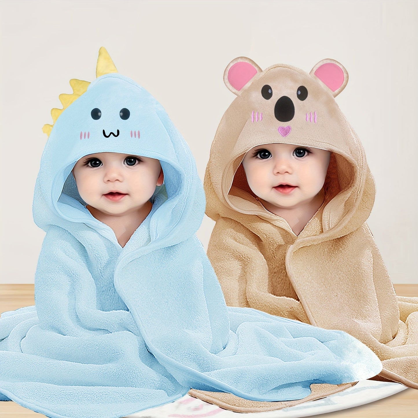 Two pieces of ultra-soft microfiber hooded bath towels designed for youngsters featuring cute cartoon animal designs. These towels are perfect for all seasons and make an ideal gift for Christmas, Halloween, and Youngsters' Day celebrations.