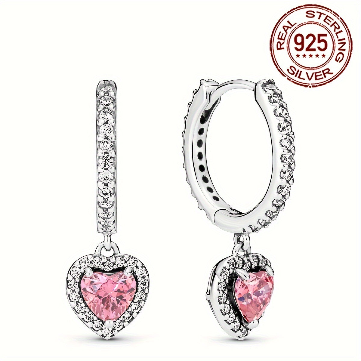 One set of heart-shaped drop earrings made of 925 sterling silver with hypoallergenic properties. The design features inlaid zirconia stones, perfect for wearing with daily outfits or as party accessories. Weighing 3.5 grams (0.123 ounces).