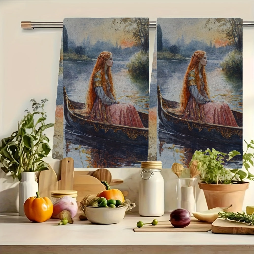 Two pieces of ultra-soft kitchen towels featuring "The Lady of Shalott" by John William Water Scene. These highly absorbent and machine washable dish hand towels measure 40.64x60.96 cm. They are made of contemporary polyester decor, perfect for use in