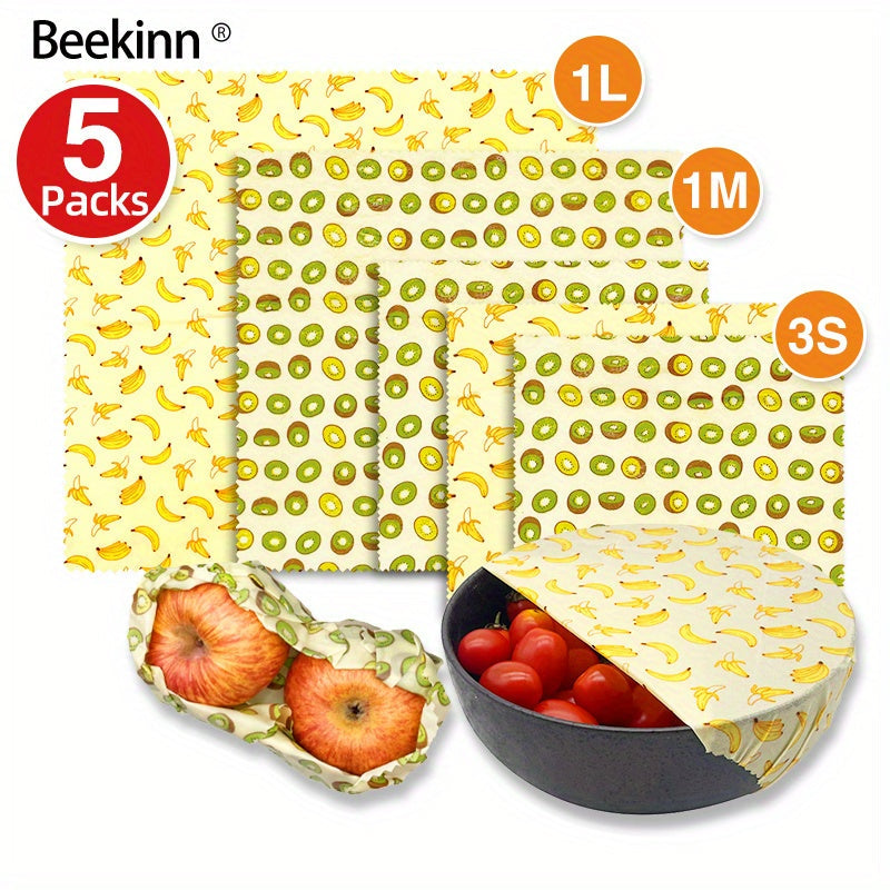 A 5-piece collection of eco-friendly Beeswax Food Wraps - Perfect for wrapping cheese, fruit, bread, snacks and more. These reusable wraps are non-stick and ideal for storing food in your kitchen pantry or refrigerator.