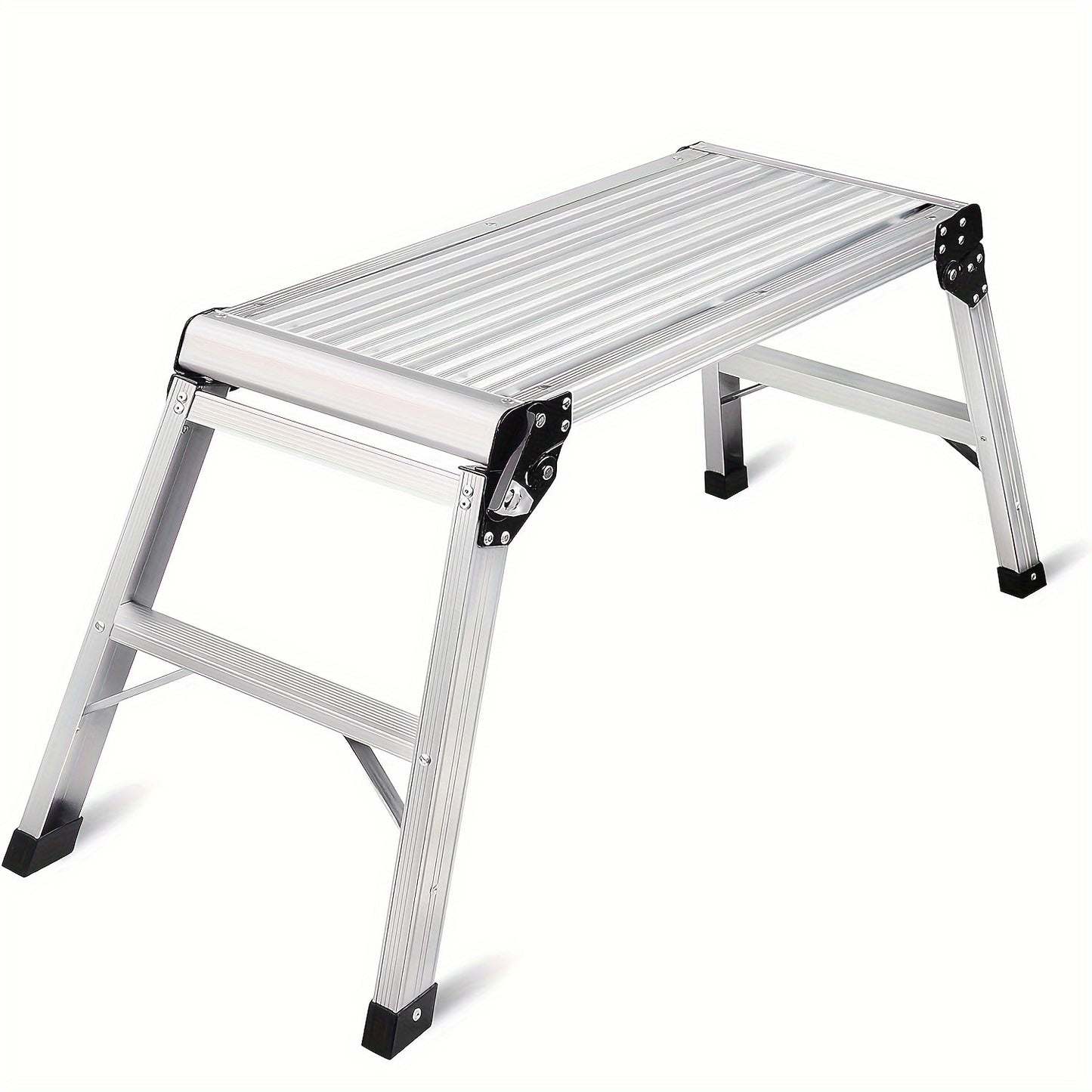 Portable aluminum step stool ladder with 149.7Kg load capacity and non-slip feet. Ideal for vehicle washing, cleaning, painting, and decorating. Does not require a battery.