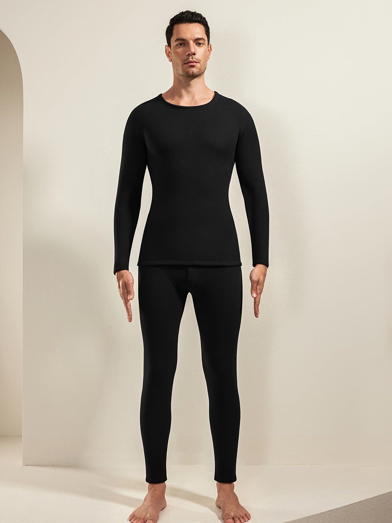 Men's Autumn Winter Fashion Warm Underwear Set - Long sleeve crew neck top and pants for outdoor wear.