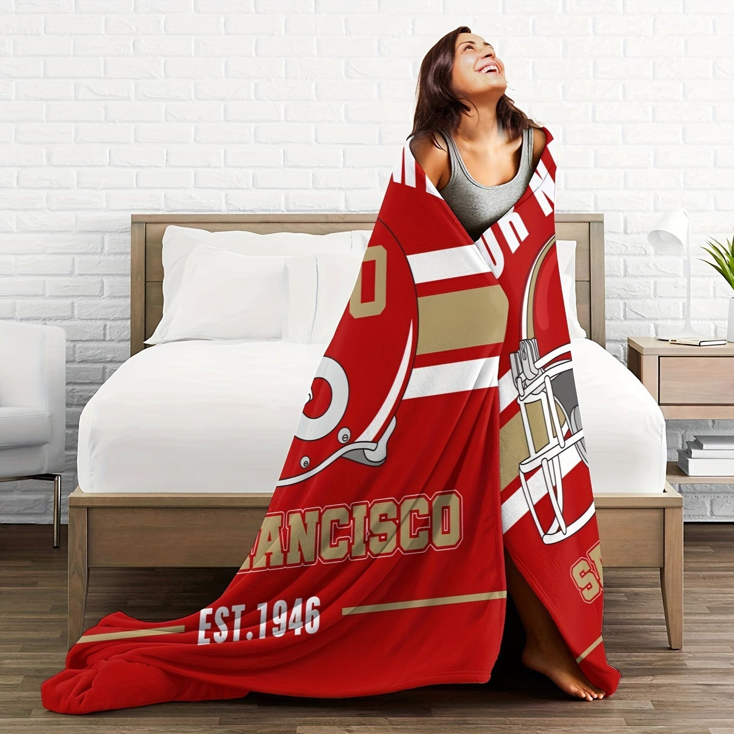 Personalized San Francisco Football Blanket - Customizable Name Throw for Bed or Sofa, Soft and Cozy Flannel Travel Blanket, Rectangular Polyester Woven Design, No Electricity Required, Perfect Home and Kitchen Decor for Football Fans of All Ages.