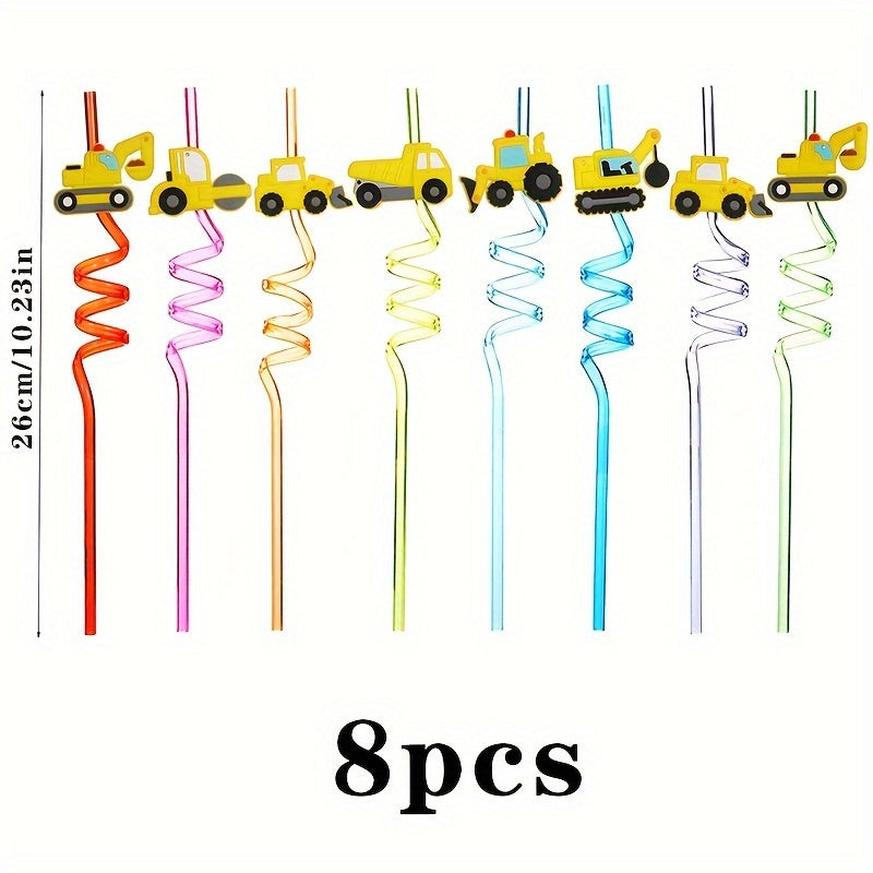 Set of 8 Construction Vehicle Themed Party Straws - Made from Sturdy Plastic, Ideal for Decorating Birthdays and Events