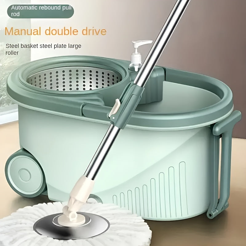 Metal Spin Mop Set with Bucket - Hand-Pressed Dual-Drive System - Versatile Wet & Dry Mop for Cleaning Living Spaces, Bedrooms, Bathrooms, and Kitchens