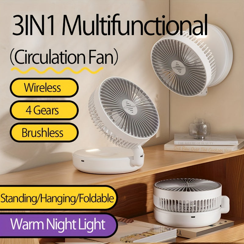 Versatile and Compact 3-in-1 Rechargeable Circulation Fan with Quiet Brushless Motor and Warm Night Light Feature - Perfect for Office, Home, and Outdoor Use - Includes Traceless Hook for Easy Mounting - Portable and Foldable Design with 4 Adjustable