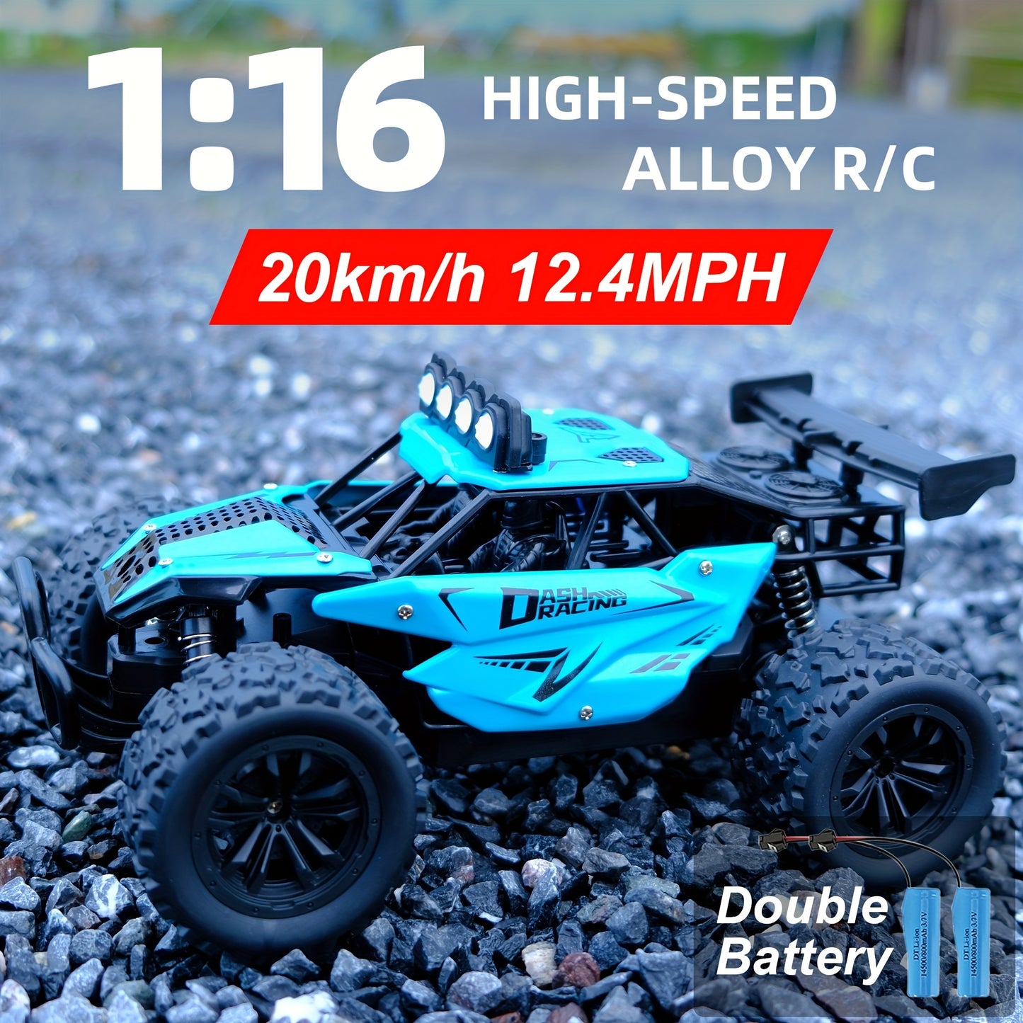 K.K 1:16 Scale High-Speed RC Truck with Alloy Body, Double Battery, and 20 km/h Speed. Includes 2.4G Remote Control in Blue & Black Design. Ideal Gift for Boys and Girls.