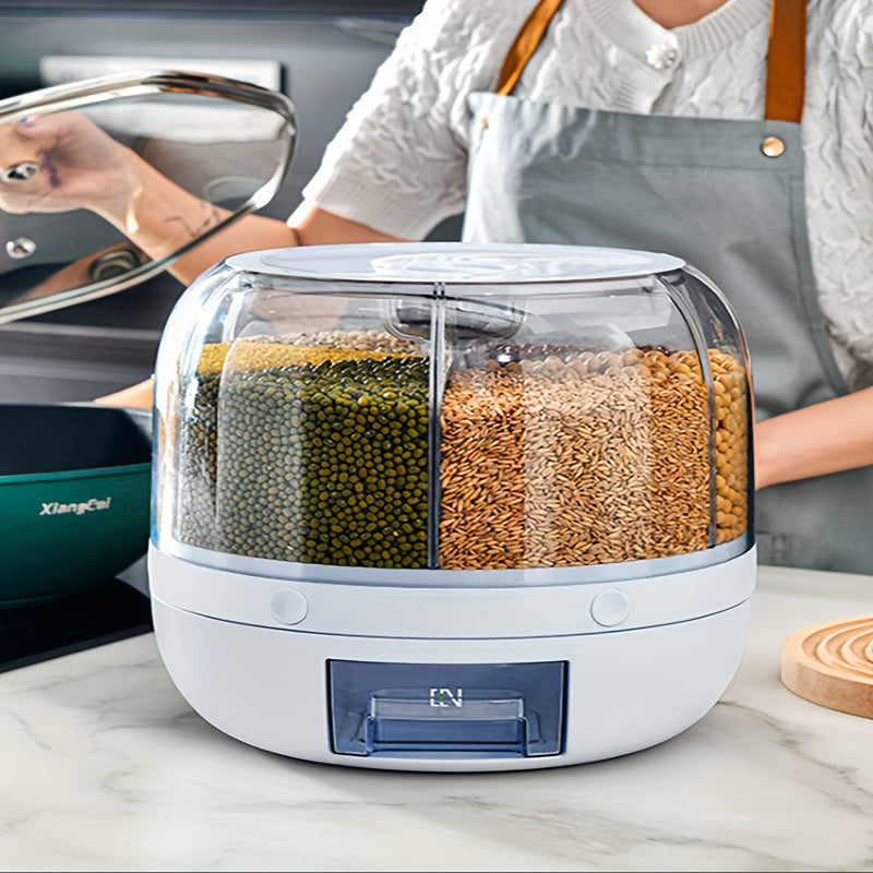 360-degree Rotating Grain Storage Box with 6 Compartments, Measuring Cup, and Automatic Rice Dispenser Button. Ideal for storing rice, cereals, grains, flours, pet food, and maintaining freshness. Perfect for organizing your kitchen supplies.