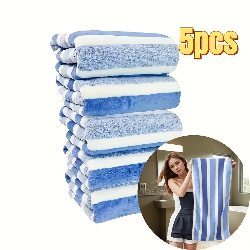 Soft coral fleece towel set includes 5 pieces, quick-dry and striped for various uses, made of premium polyester fabric weighing 280gsm.