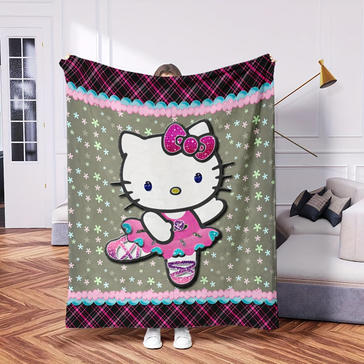 1 piece of the classic square pattern Hello Kitty ballet dance themed Sanrio flannel blanket. Can be used as a single or double comfortable flannel blanket, suitable for office, home decoration, bed, sofa, car, nap, air conditioning, or as a gift for the