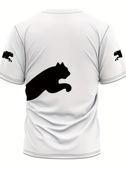 Men's casual short sleeve 3D cat print t-shirt, made of breathable polyester blend for summer outdoor wear.