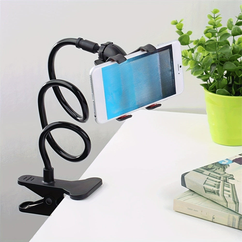 Adjustable gooseneck phone holder with claw clip - flexible stand for smartphone, 360° swivel mount for desk or wall, 63.5cm.