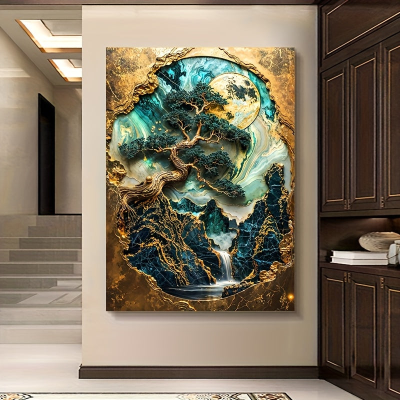 Frameless golden bonsai sanctuary wall art, modern abstract canvas print, 79.98x119.99cm, for bedroom and living room décor, other materials, no frame.