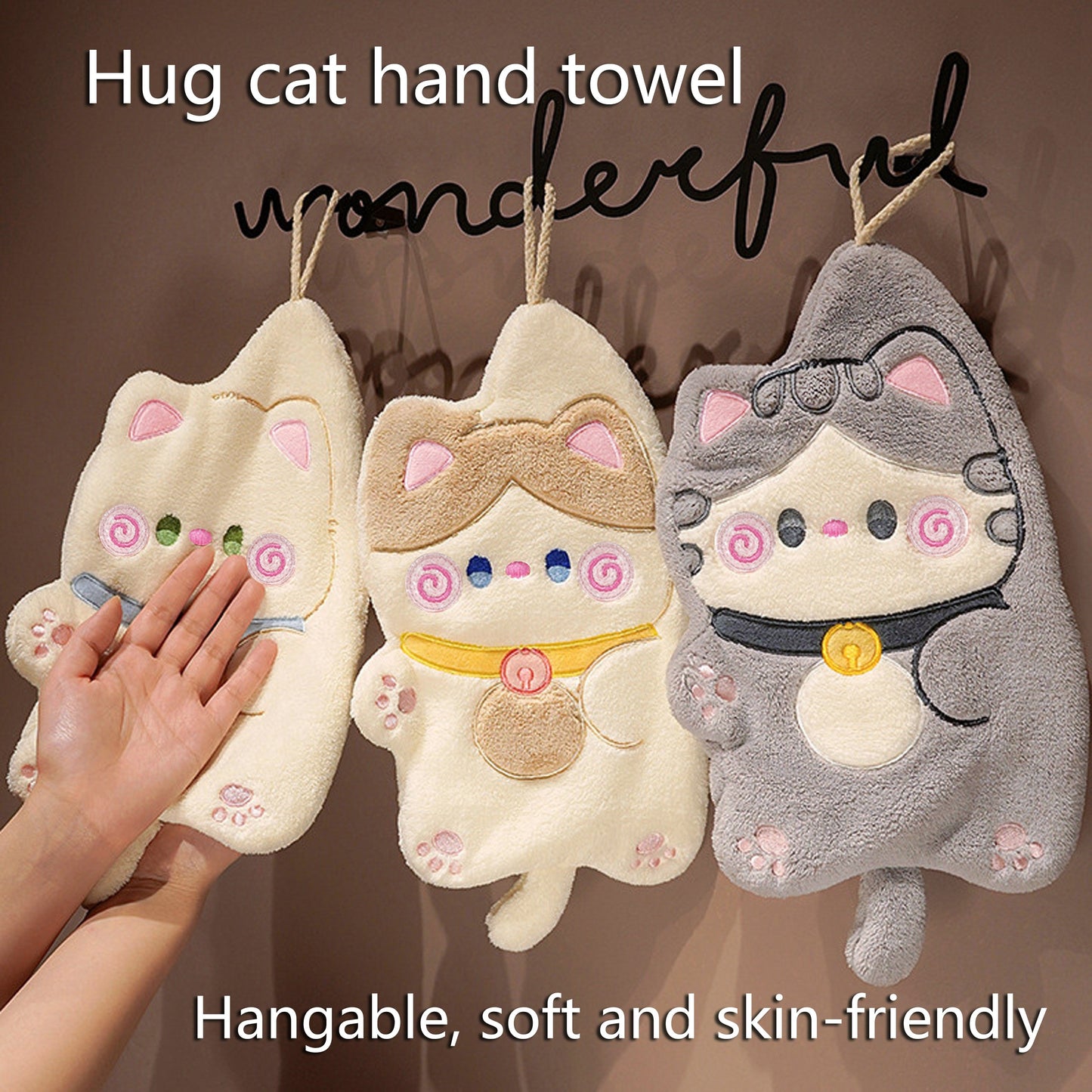 Adorable cat-shaped coral fleece hand towel in beige, white, and gray. Ultra absorbent and quick-drying with a hanging loop for kitchen, bathroom, and bedroom. Soft and skin-friendly contemporary design.