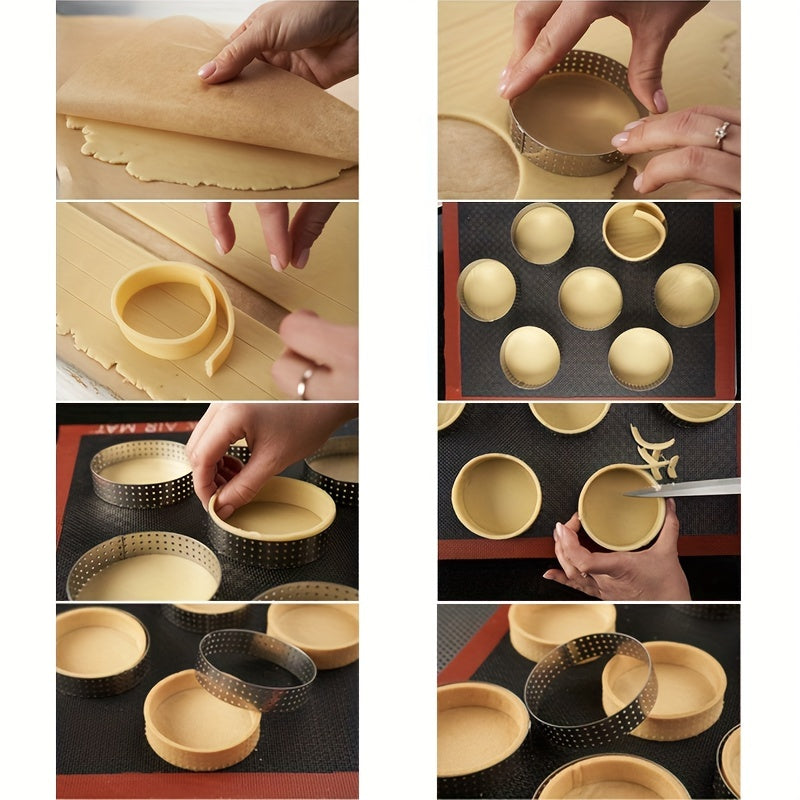 Set of six DIY tart rings with perforated design for making round mousse circle rings and French desserts. These pastry decorating tools are perfect for creating beautiful desserts and are made of high-quality bakeware material.