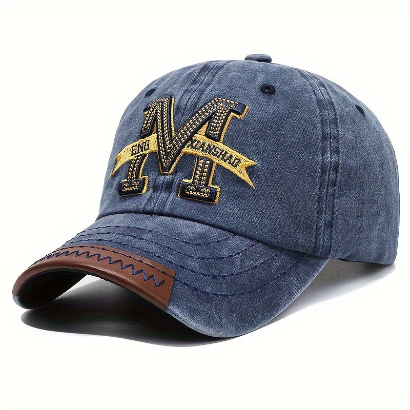 Spring and autumn retro washed denim duckbill cap with old letter M embroidery for men and women.