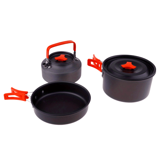 Compact Camping Cookware Set - Durable Non-Stick Aluminum Pots, Pans & Kettle for 2-3 People Enjoying Outdoor Adventures