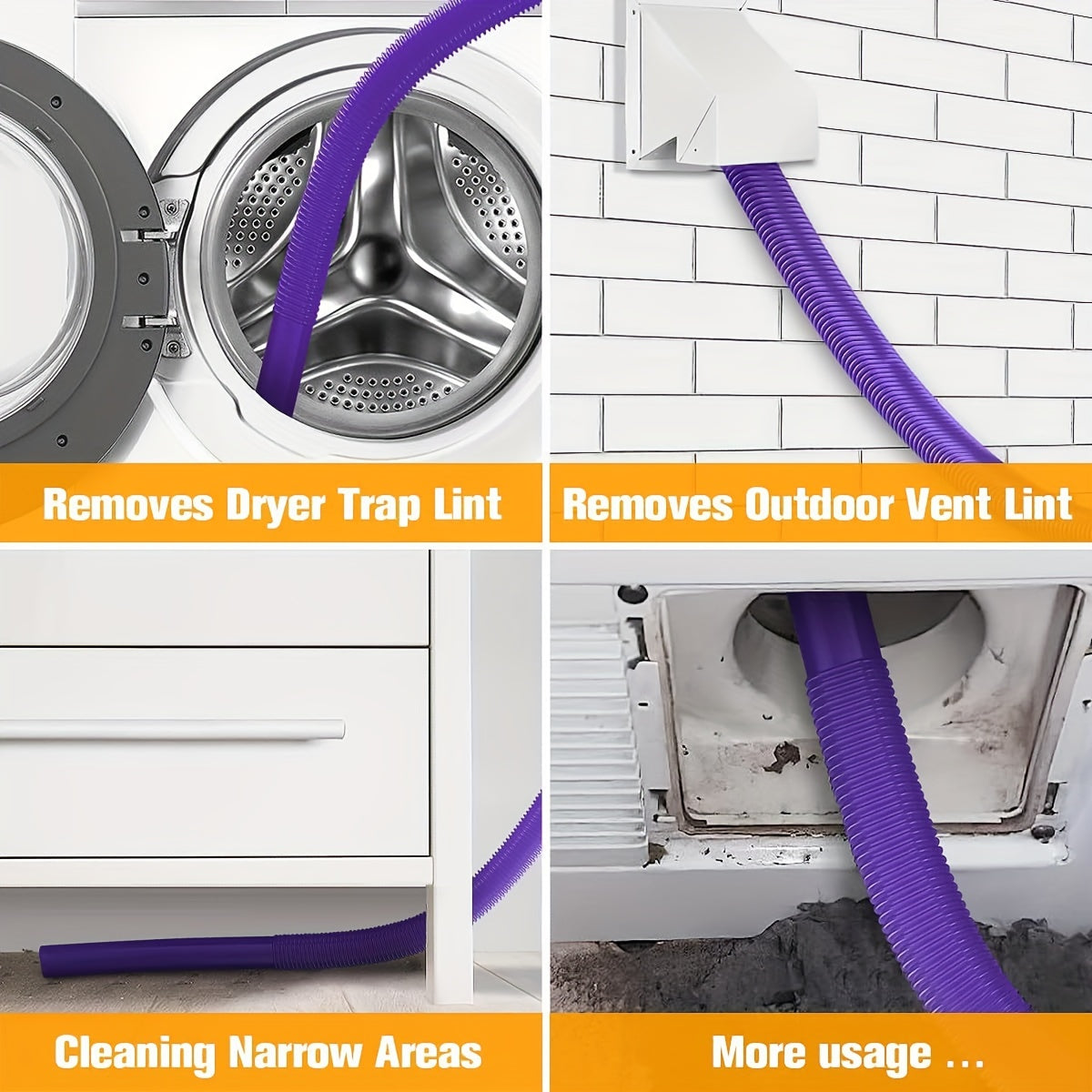 Efficiently clean dryer lint and vents with our Universal Dryer Vent Cleaning Kit. This kit includes 2 pieces made of PET & ABS material, compatible with various dryer models including V15, V12, V11, V10, V8, V7, and V6. The kit also comes with a vacuum