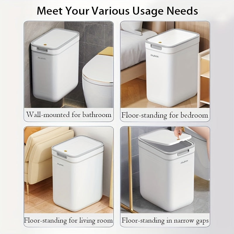 Wall-mounted trash bin with quiet close, polished finish, ideal for kitchen, bathroom, and dorm storage.