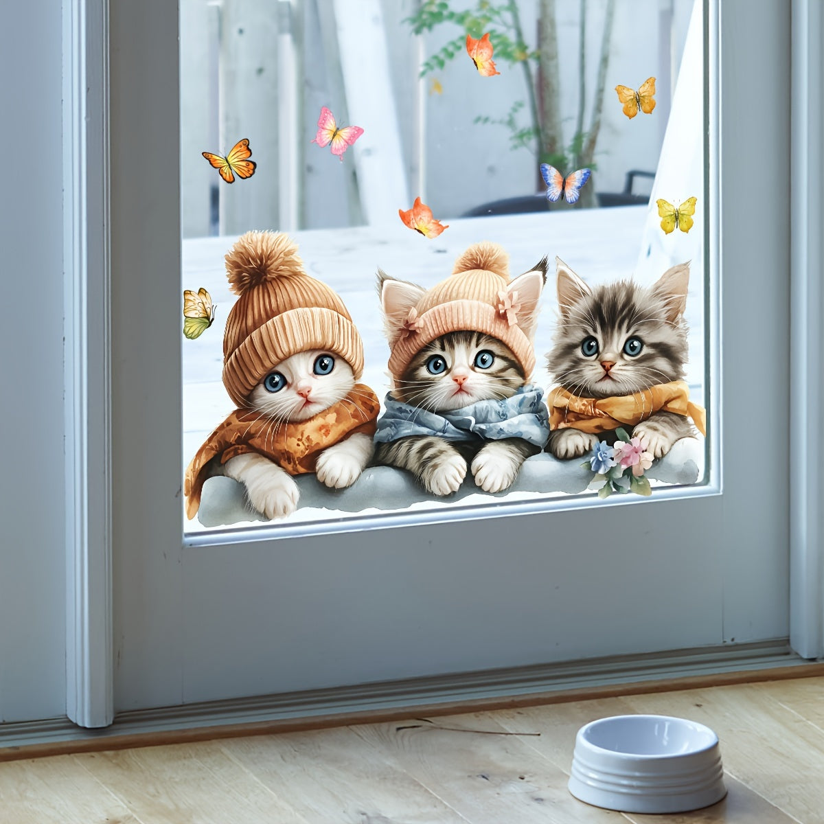 Cute Winter Cat & Butterfly Electrostatic Window Clings - Reusable, Double-Sided Glass Stickers for Home Decor