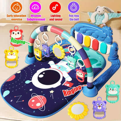 Musical baby gym play mat with piano and hanging toys, perfect for newborns. Features interactive lights and sounds, ideal gift for holidays. Assembly required. Made of polyester fiber.