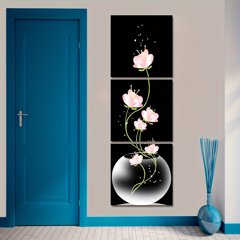 Set of 3 pink flower canvas prints with sparkling accents, perfect for living room or entryway decor. High-quality machine-printed canvas, elegant and minimalist design. Frameless.