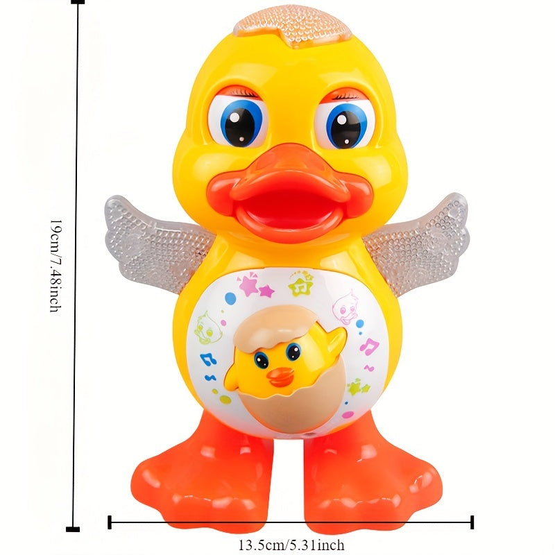 Electric Dancing Duck Toy features blinking lights, music, and adorable cartoon design – a fun interactive toy for kids, powered by batteries (not included). Makes a great gift for Christmas, Halloween, and any holiday season. Perfect for young children.