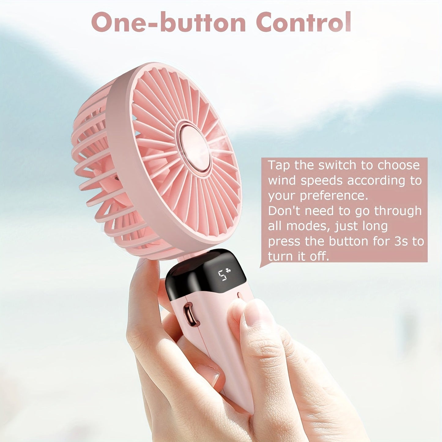 Portable Handheld Fan with LED Display - Rechargeable, Quiet Operation, Adjustable Angle, USB Powered Mini Fan for Indoor & Outdoor Use, Ideal for Office, Bedroom, Travel & Camping, Includes Base and Battery Option, Suitable for Desktop Use