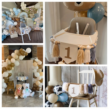 Boho blue high chair tassel garland for 1st birthday party decoration for boy.