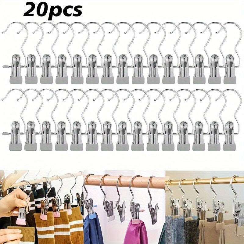 Set of 20 Stainless Steel Multi-Use Clips with Hooks - Versatile Hangers for Laundry, Pants, Hats & Skirts - Swiveling Storage Organizer