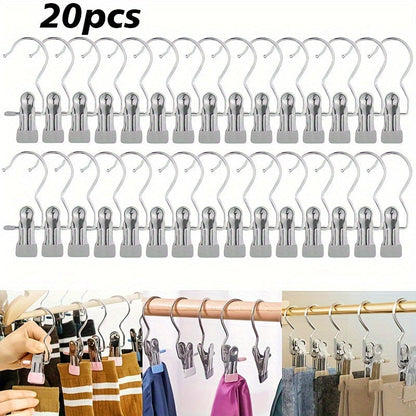 Set of 20 Stainless Steel Multi-Use Clips with Hooks - Versatile Hangers for Laundry, Pants, Hats & Skirts - Swiveling Storage Organizer