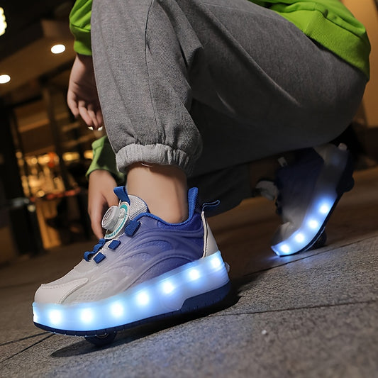 LED roller skates with TPR sole, fabric inner, EVA insole, rotary buckle closure, and lithium polymer battery. Suitable for ages 14+, can be used indoors or outdoors for sports training all