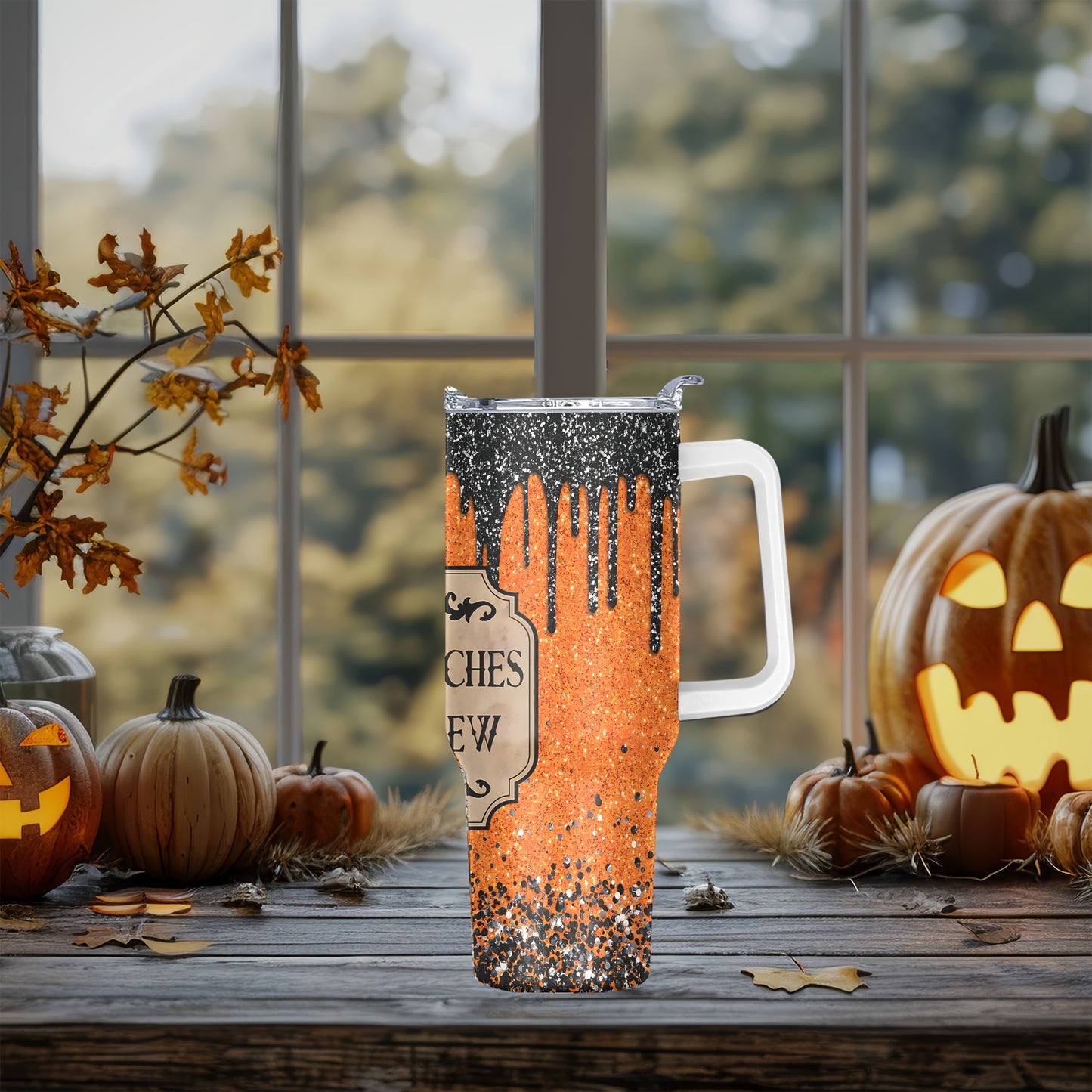 Stainless steel tumbler with handle & straw, perfect for gifts on holidays like Halloween, Christmas, Father's & Mother's Day. Non-toxic, leakproof design, 40oz capacity.