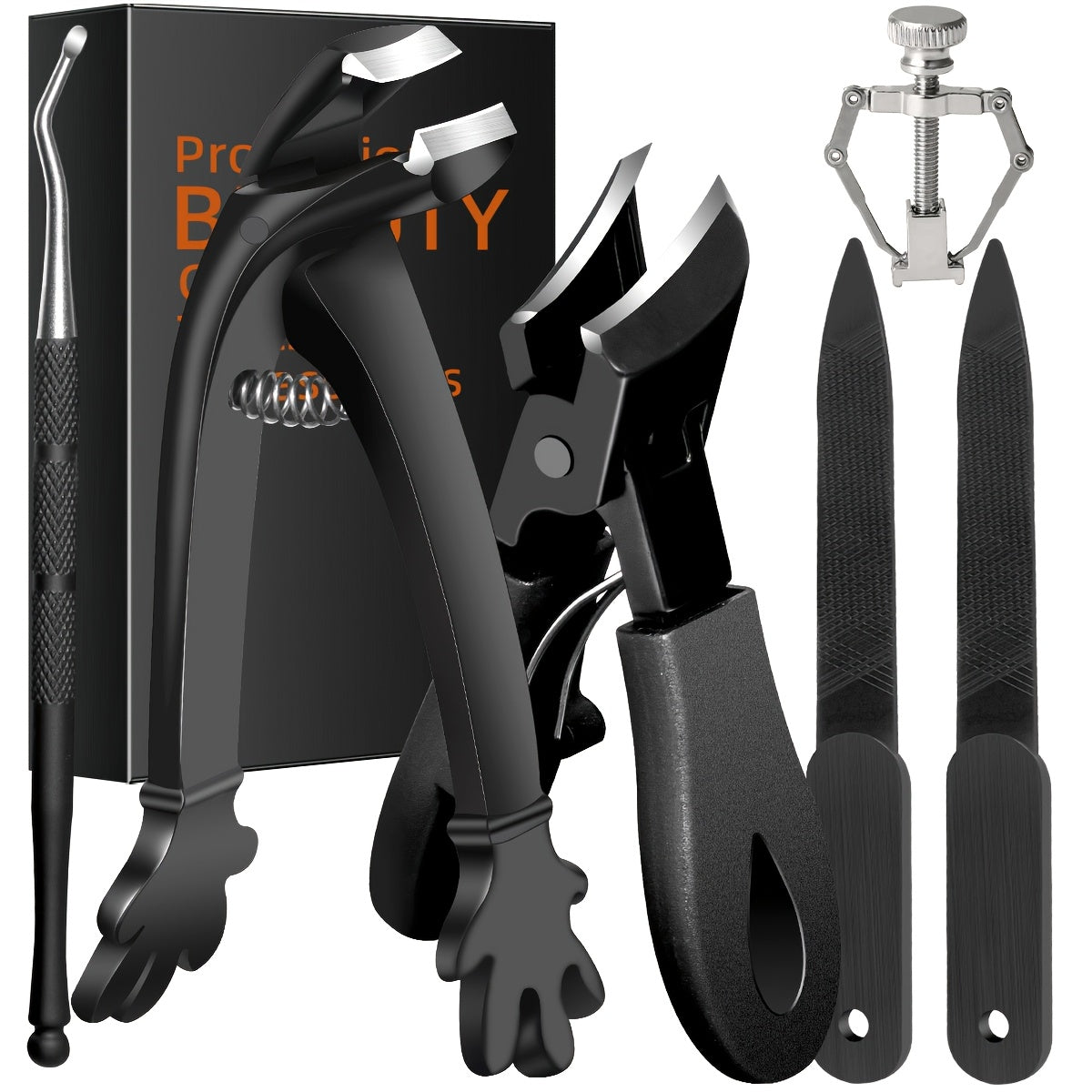 Six heavy-duty toenail clippers designed for seniors with thick toenails, ingrown toenails, and fingernails. Features include slanted curved blades, wide jaw, long handle, curved blade, and