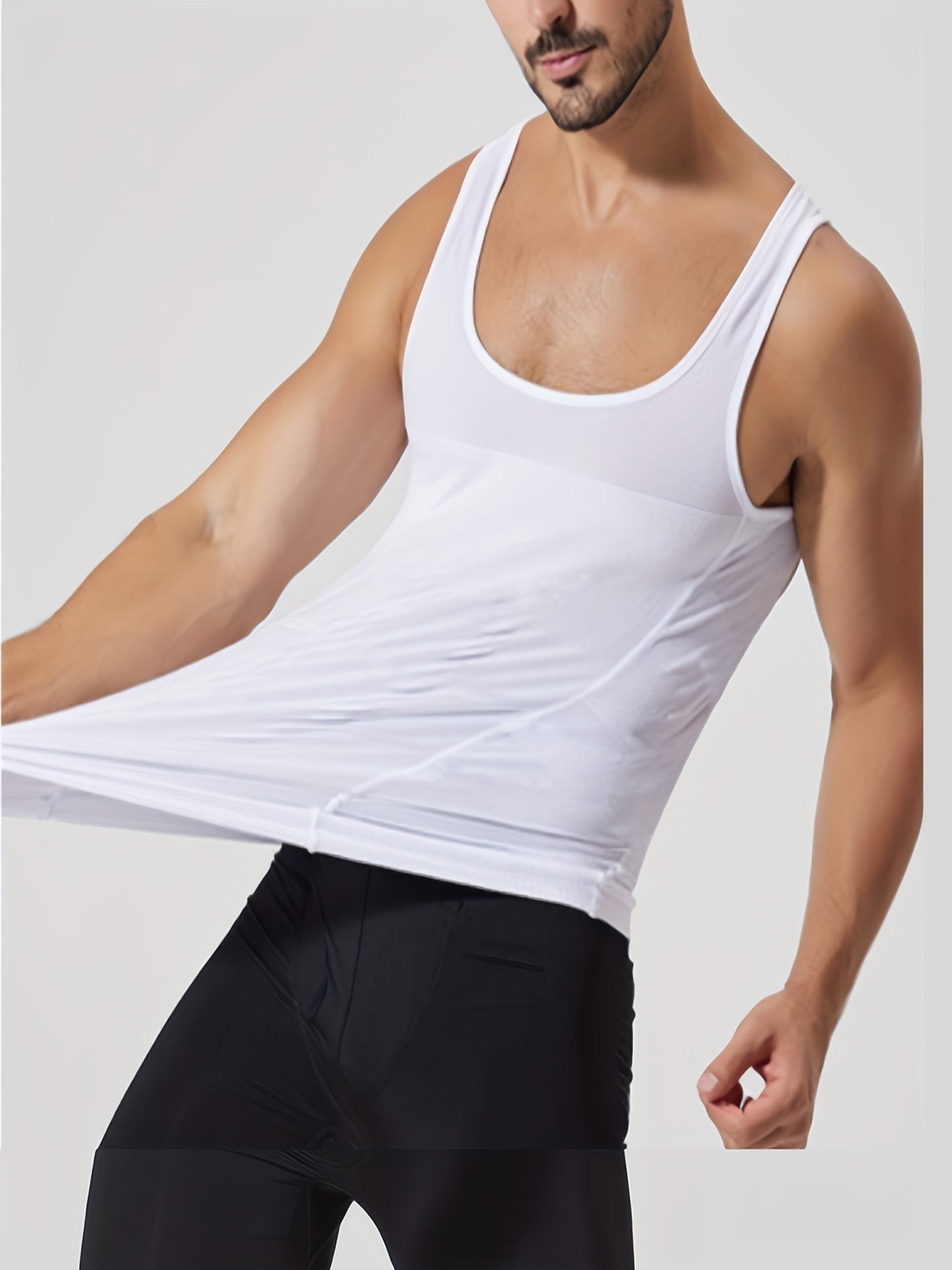 Men's Thermal Compression Tank Top for Abdomen Slimming, Sleeveless, Casual Style, Hand Washable, High-Stretch Nylon Fabric.