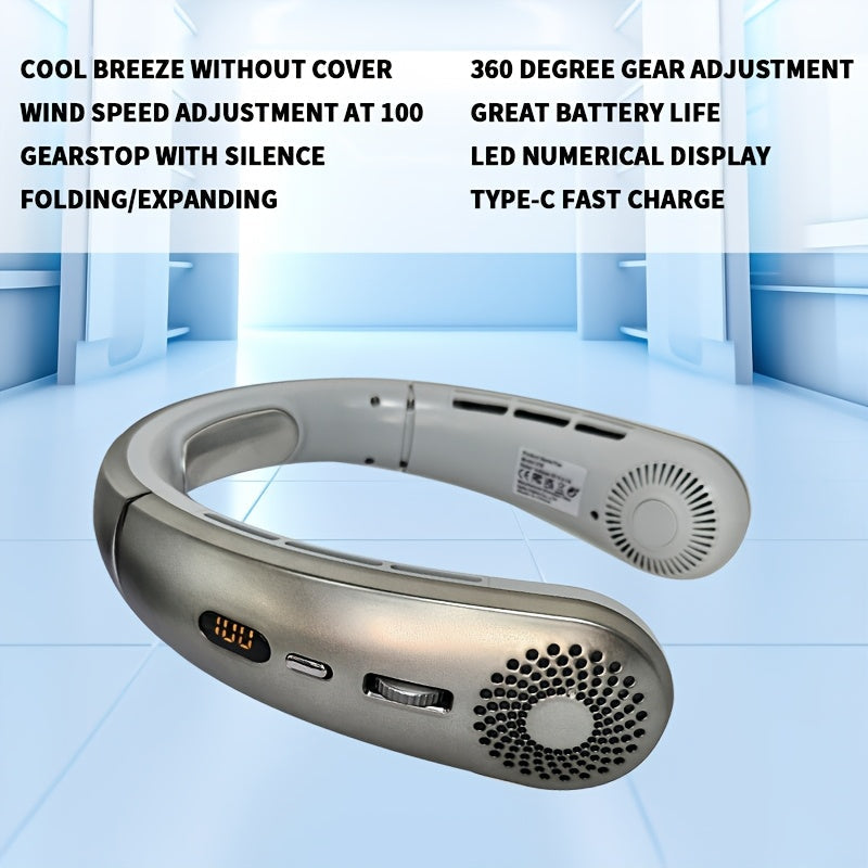 Stay cool on the go with the JKUOO Portable Neck Fan. This mini bladeless wearable fan features 100 speed settings and a USB rechargeable lithium battery for convenient use. With push button control, this fan is perfect for indoor and outdoor activities