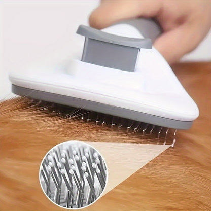 Pet hair removal brush with stainless steel bristles and one-click detangling comb for dogs and cats. Made of durable ABS material.