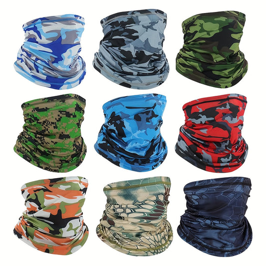 Set of 4 Camouflage Print Masks for Cycling, Neck Gaiter, Thin and Breathable Face Cover for Outdoor Activities like Hiking, Sports, Fishing. UV Face Shield for Women and Men