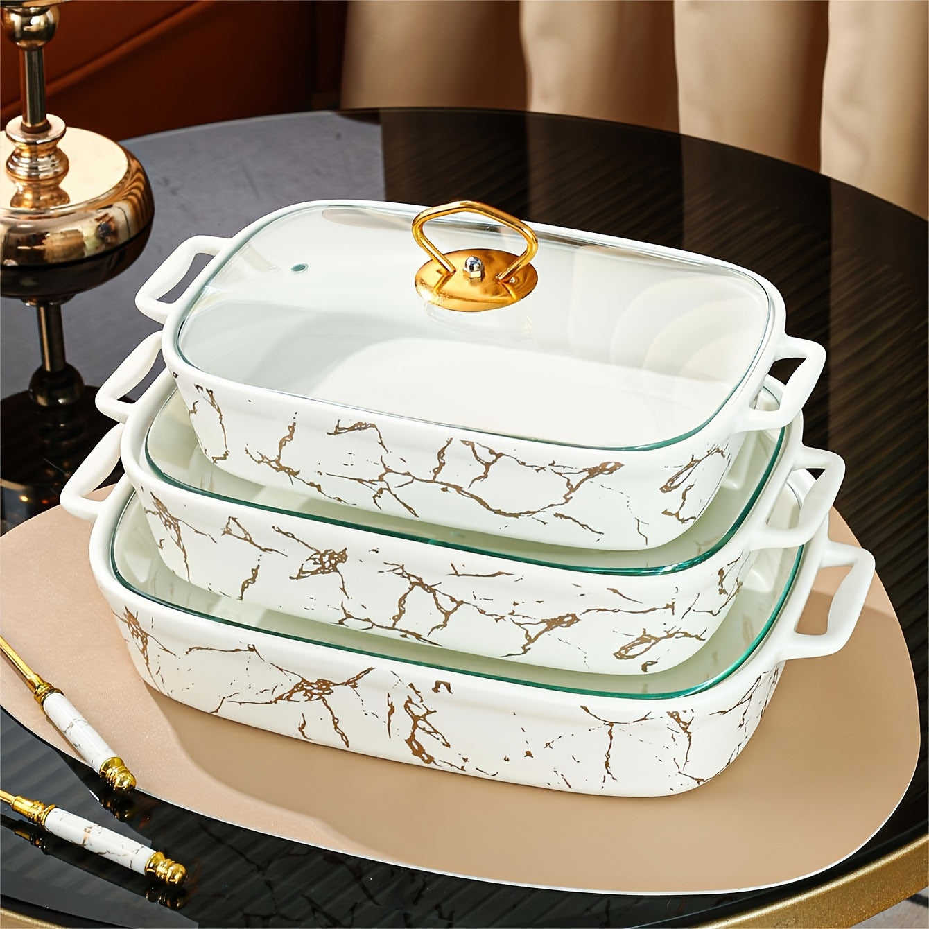 [Customer Favorite] Elegant Marble Design Ceramic Serving Platter Set with Lid - Versatile Kitchen Utensil for Soups, Sandwiches, Snacks, Parties, and Home Use