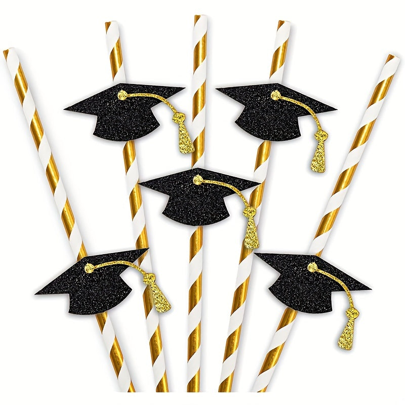 12 elegant graduation cap paper straws featuring golden foil accents. Ideal for juices, shakes, and cocktails at graduation parties. Disposable and festive drink accessories. Decorate your celebration with glittery graduation caps and stylish cocktail