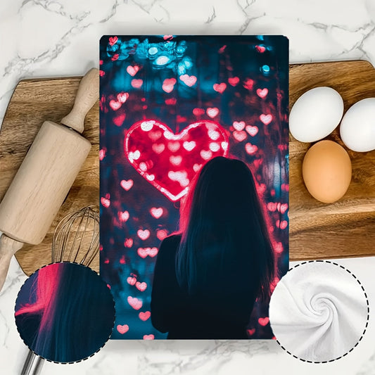 This bundle includes a set of two ultra-soft kitchen towels, ideal for enhancing your holiday decor with their concert wave heart lights design. These towels are highly absorbent, easy to clean in the washing machine, and measure 40.64x60.96 cm.