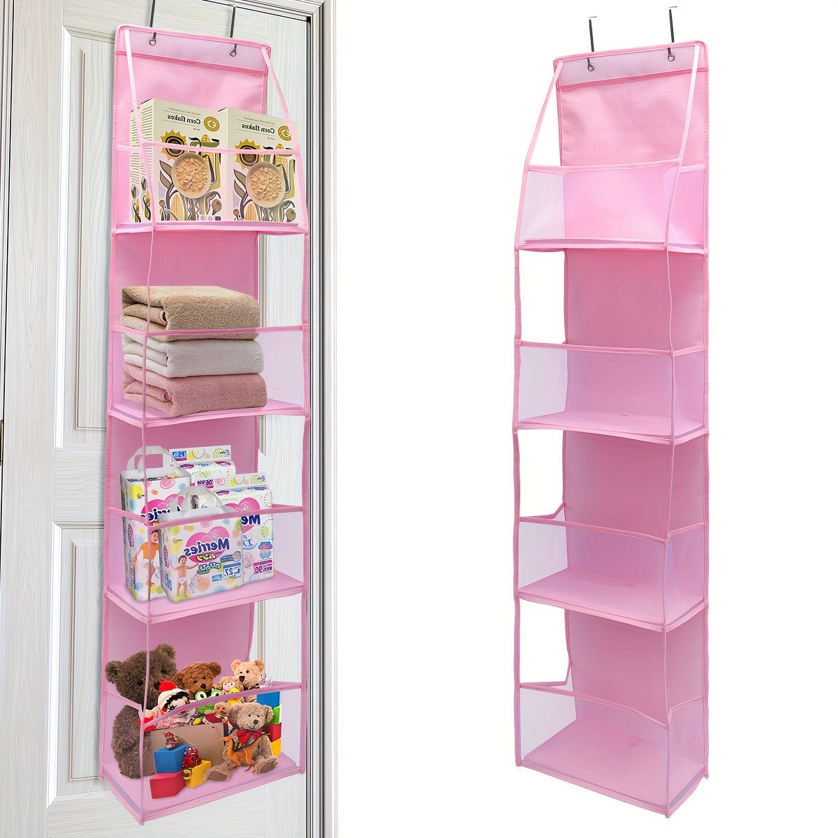 Get organized with this convenient 1-piece over-the-door storage holder for stuffed animals. Featuring 4 large pockets with breathable netting, this holder is perfect for keeping bedrooms tidy and storing toys, shoes, diapers, and more. Makes a great