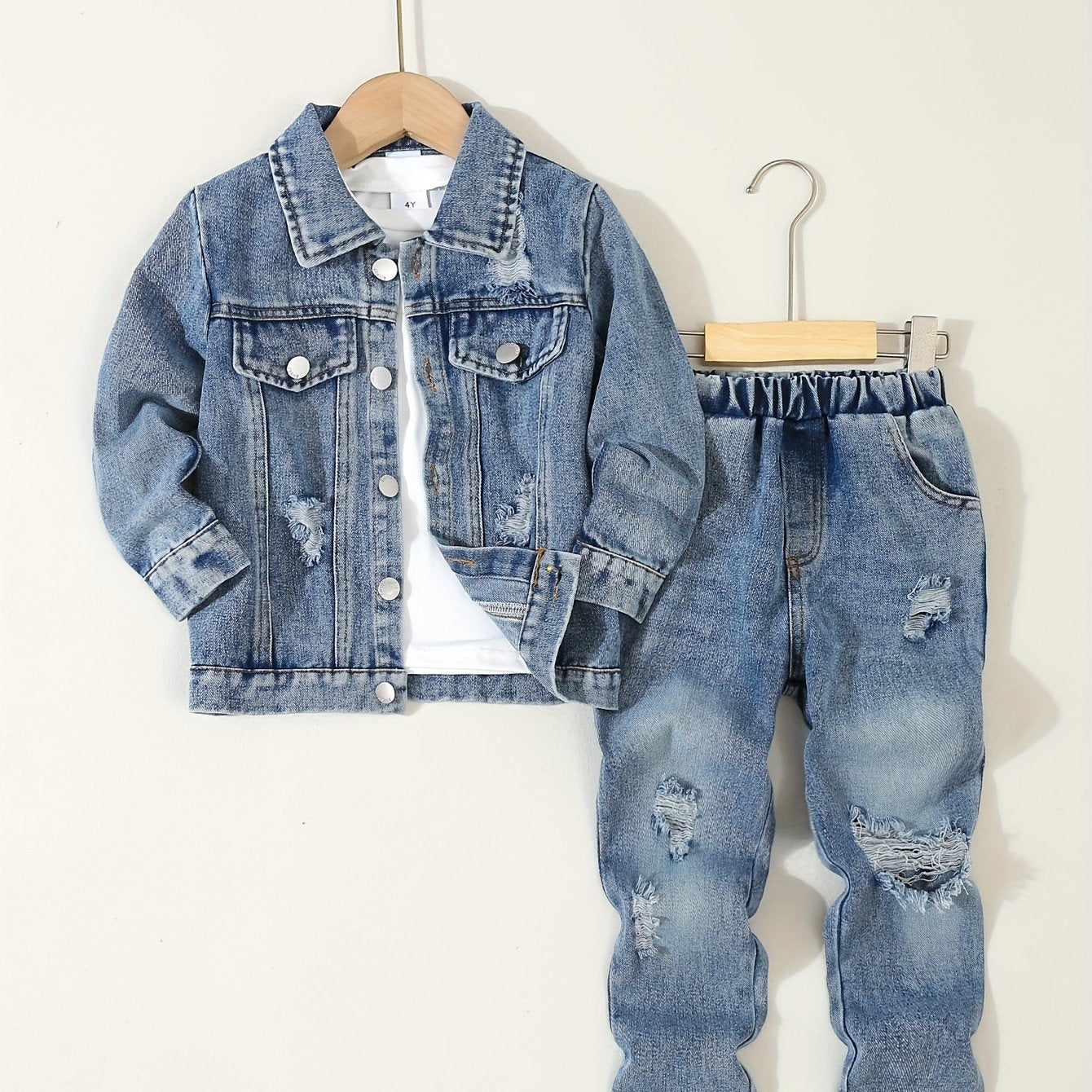 3pc set: Boy's denim jacket, long sleeve tee, ripped jeans. Stylish, casual, and comfortable outfits for autumn and winter outdoor wear.