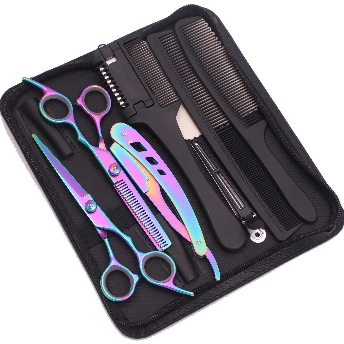 6-inch hair cutting scissors set with a variety of styling tools including thinning scissors, shaver comb, double-sided comb, and apple comb.