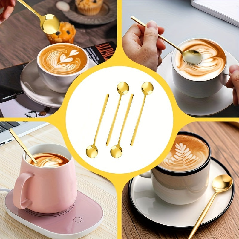 Set of 4 Long-Handle Coffee and Dessert Spoons in Elegant Golden Design - Made with Durable Stainless Steel, Ideal for Stirring Coffee, Tea, Latte, and Iced Beverages - Perfect for Home, Cafes, Restaurants, and Coffee Bars