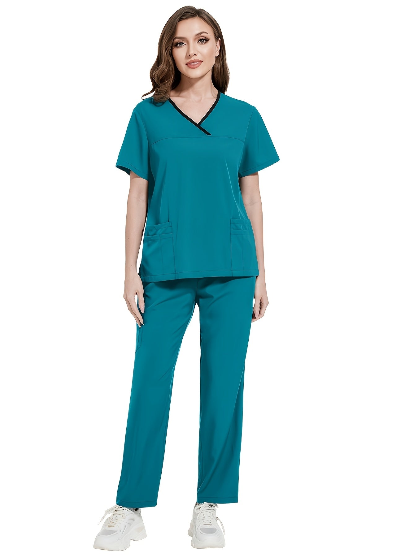 Stylish Polyester and Spandex Medical Scrubs Set with Pocket, V-Neck, and Casual Style