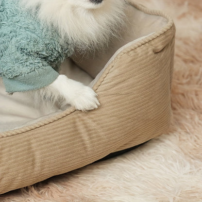 Square pet bed for medium to large dogs, cozy and warm with polyester fiber and pillow cushion, perfect for winter comfort. Beige, non-assemblable design.