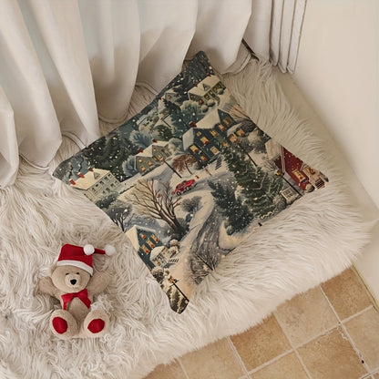 Christmas Eve snow scene linen throw pillow cover, 44.96cm x 44.96cm, zippered and machine washable for sofa, living room, and bedroom decor.