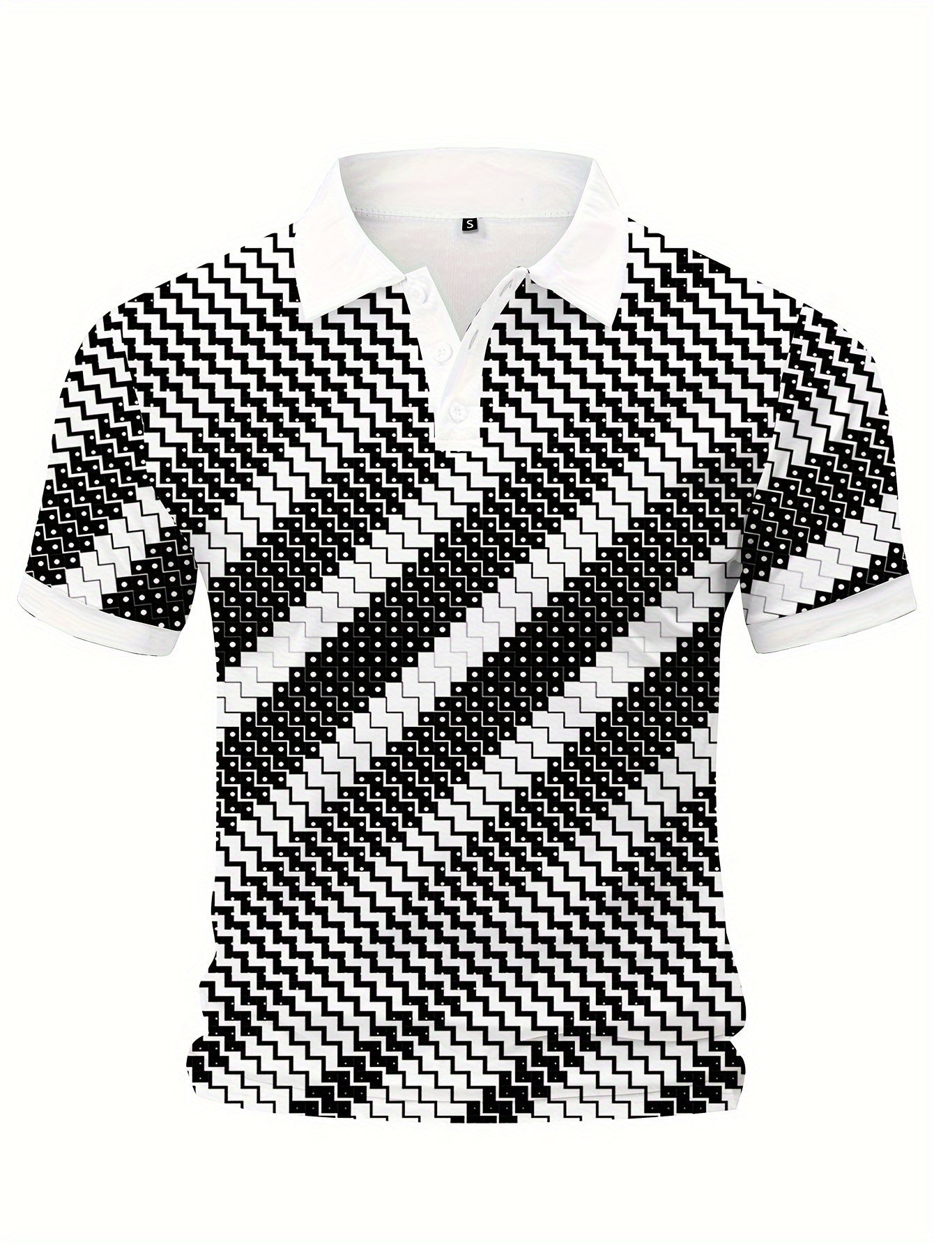 Men's geometric pattern short sleeve lapel t-shirt for summer, casual trendy streetwear top, ideal as a gift.