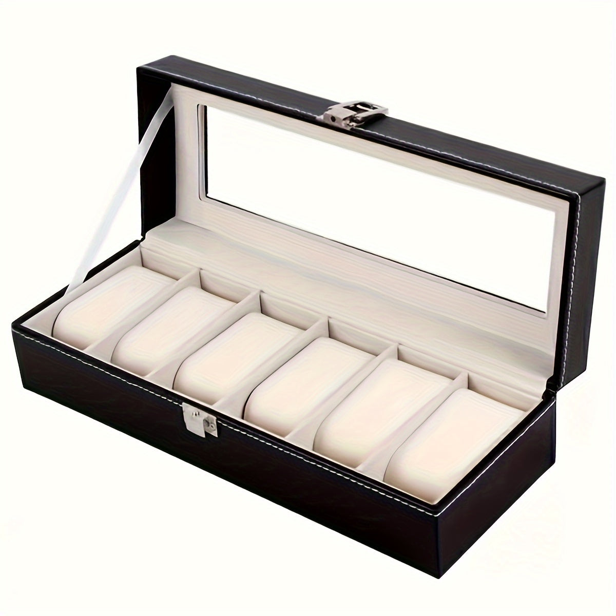 New faux leather watch storage box with velvet interior, designed to hold 6 watches and display jewelry.